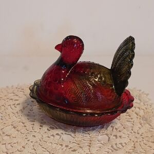Vintage Red and Green Glass Turkey In The Style Of Hen On Nest